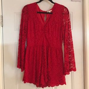 Bright Red Long Sleeve Lace Romper